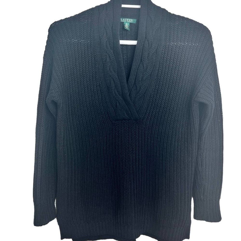 Lauren Ralph Lauren Womens Sweater Black Size M Long Sleeve Cable Knit V-Neck